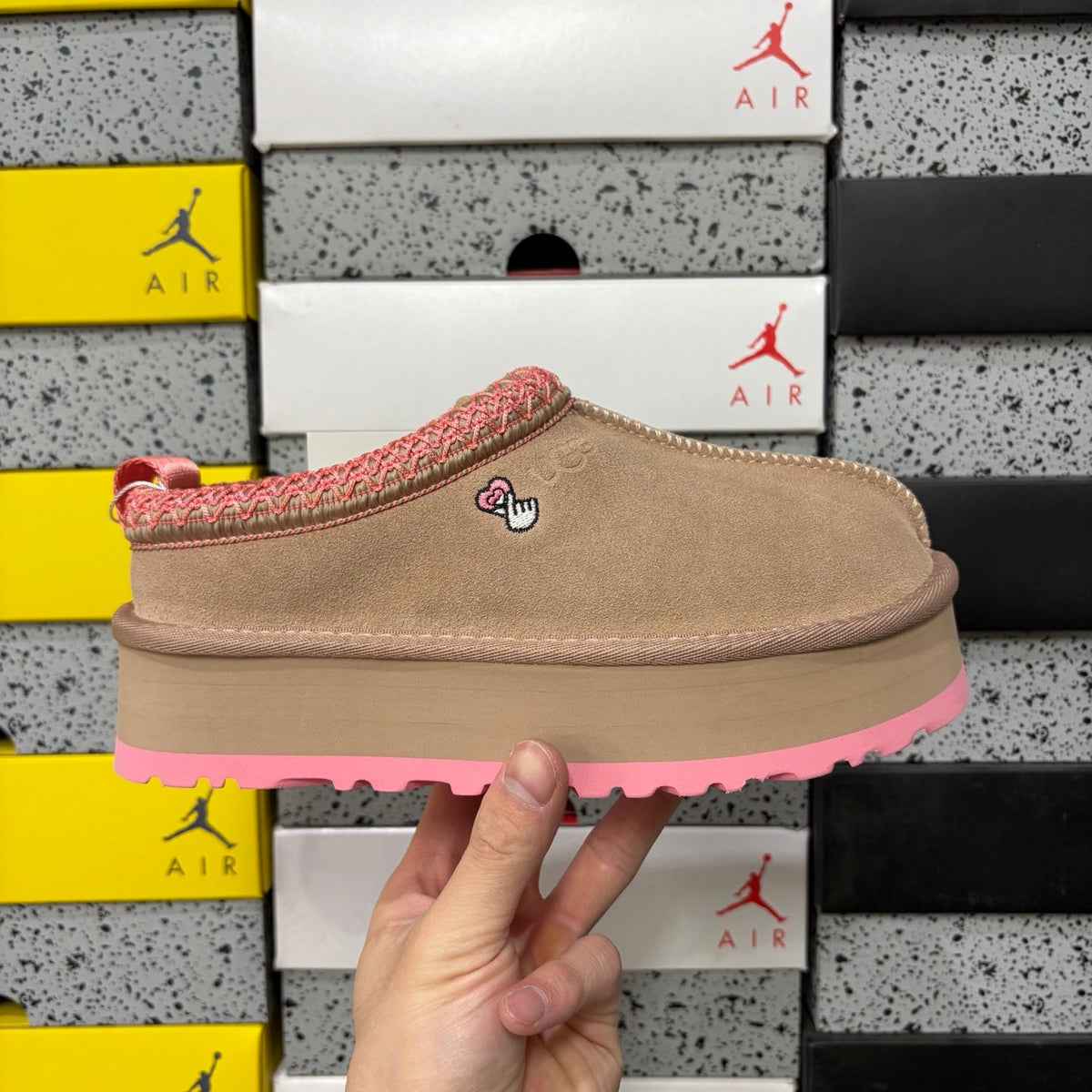 UGG Tazz Platform Slipper – Women’s Suede Clog with Pink Sole & Heart Embroidery in Sand