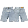 Corteiz Alcatraz Island Front Logo Heavyweight Denim Shorts - Light Blue
