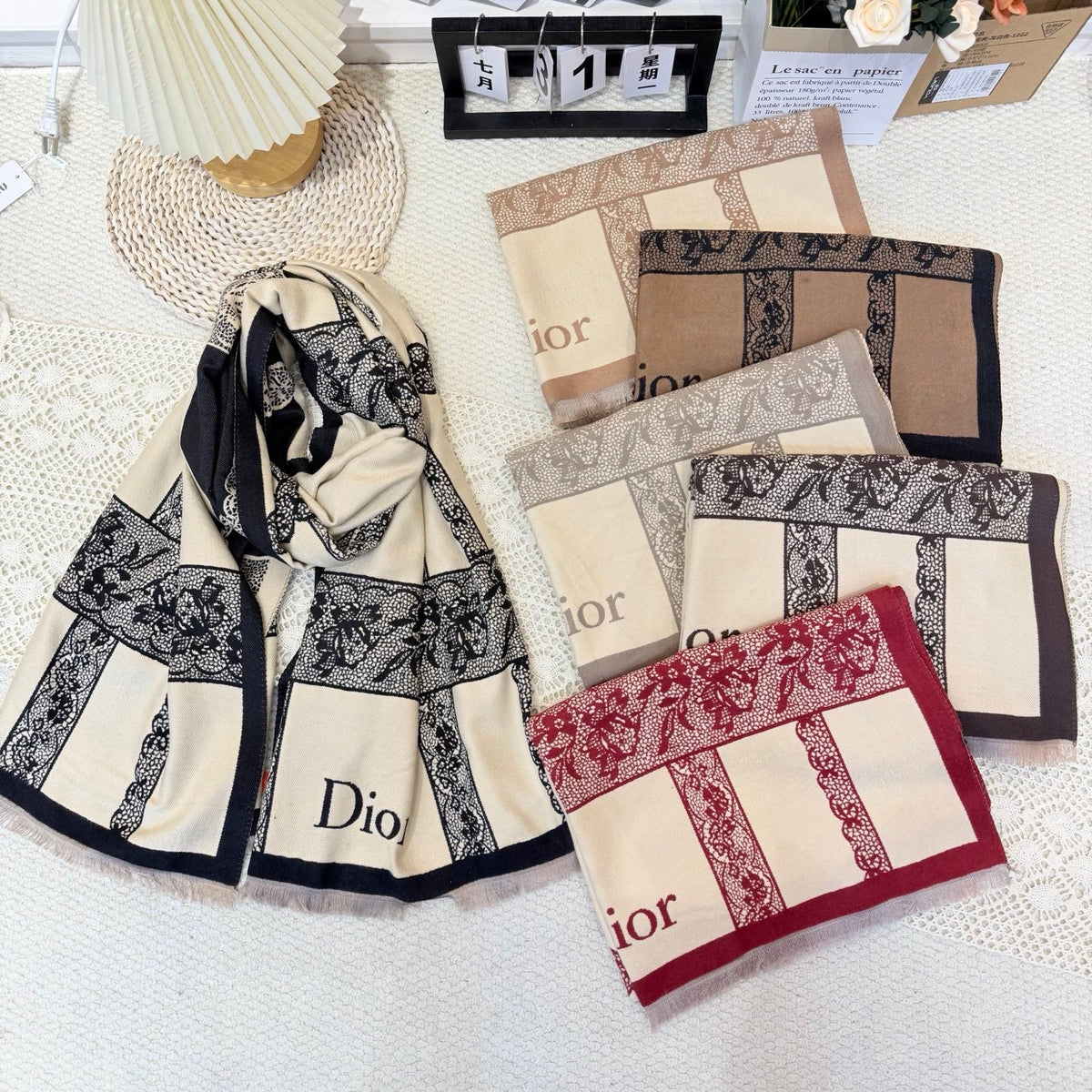 Dior Style Toile Fringe Scarf