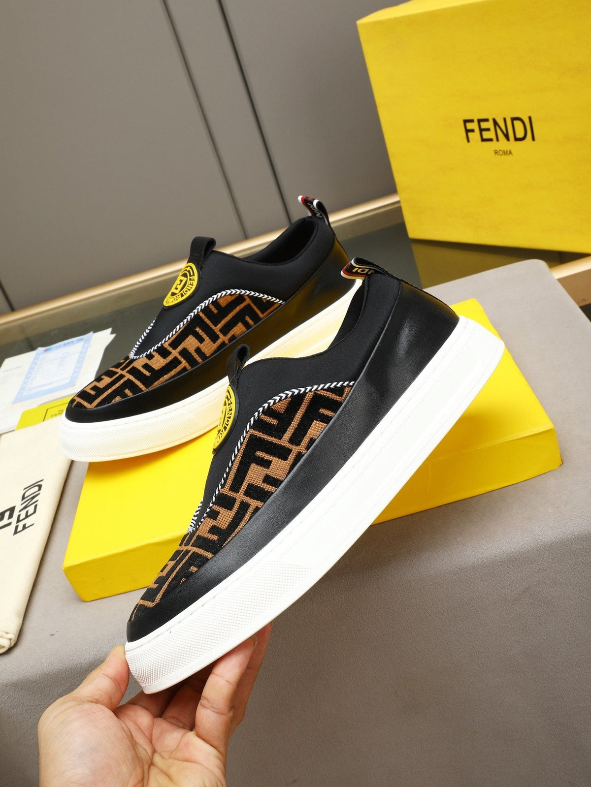 Fendi Men's Brown Panel Slip-On Sneakers