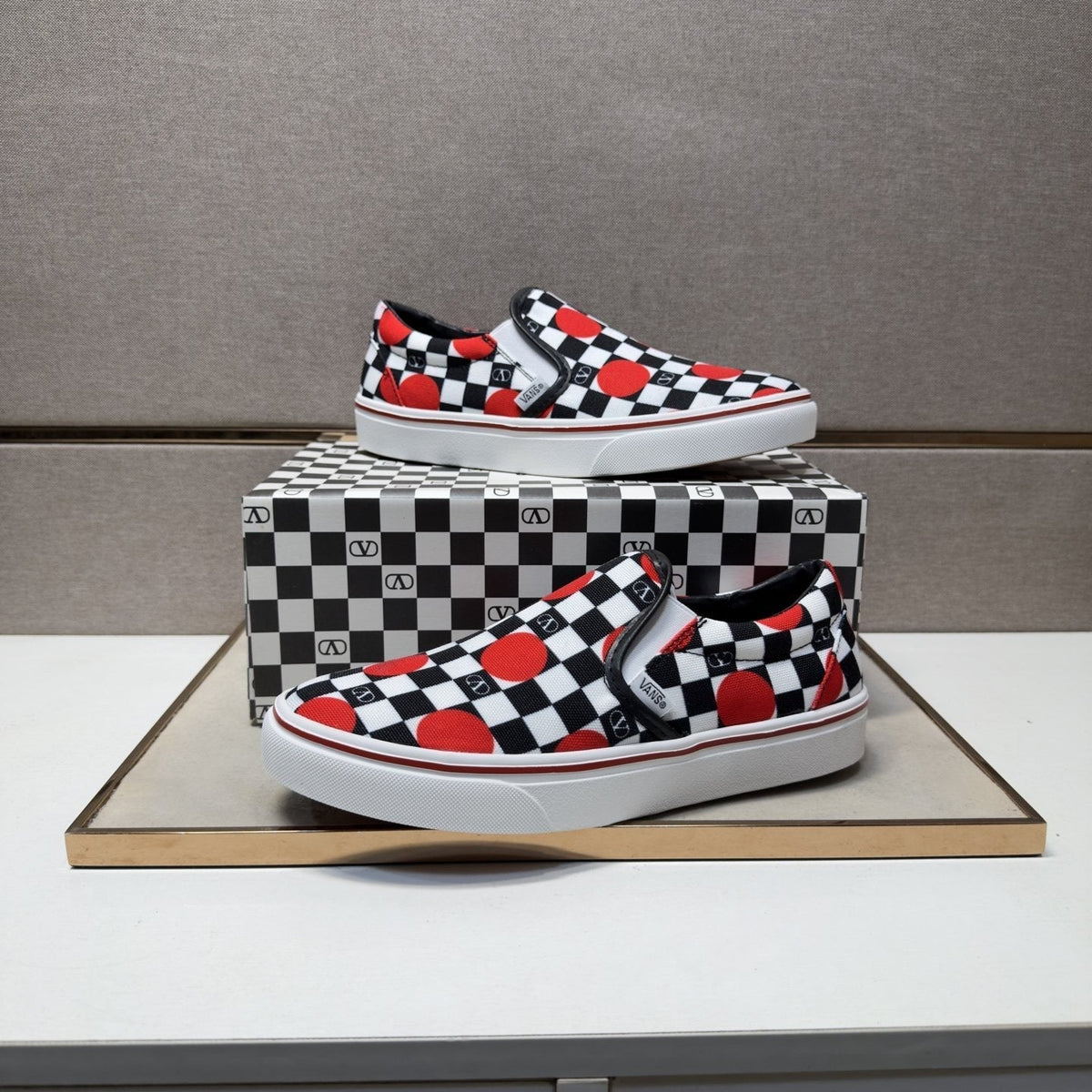 Vans Men's Checkerboard Slip-On Shoes - Black, White & Red