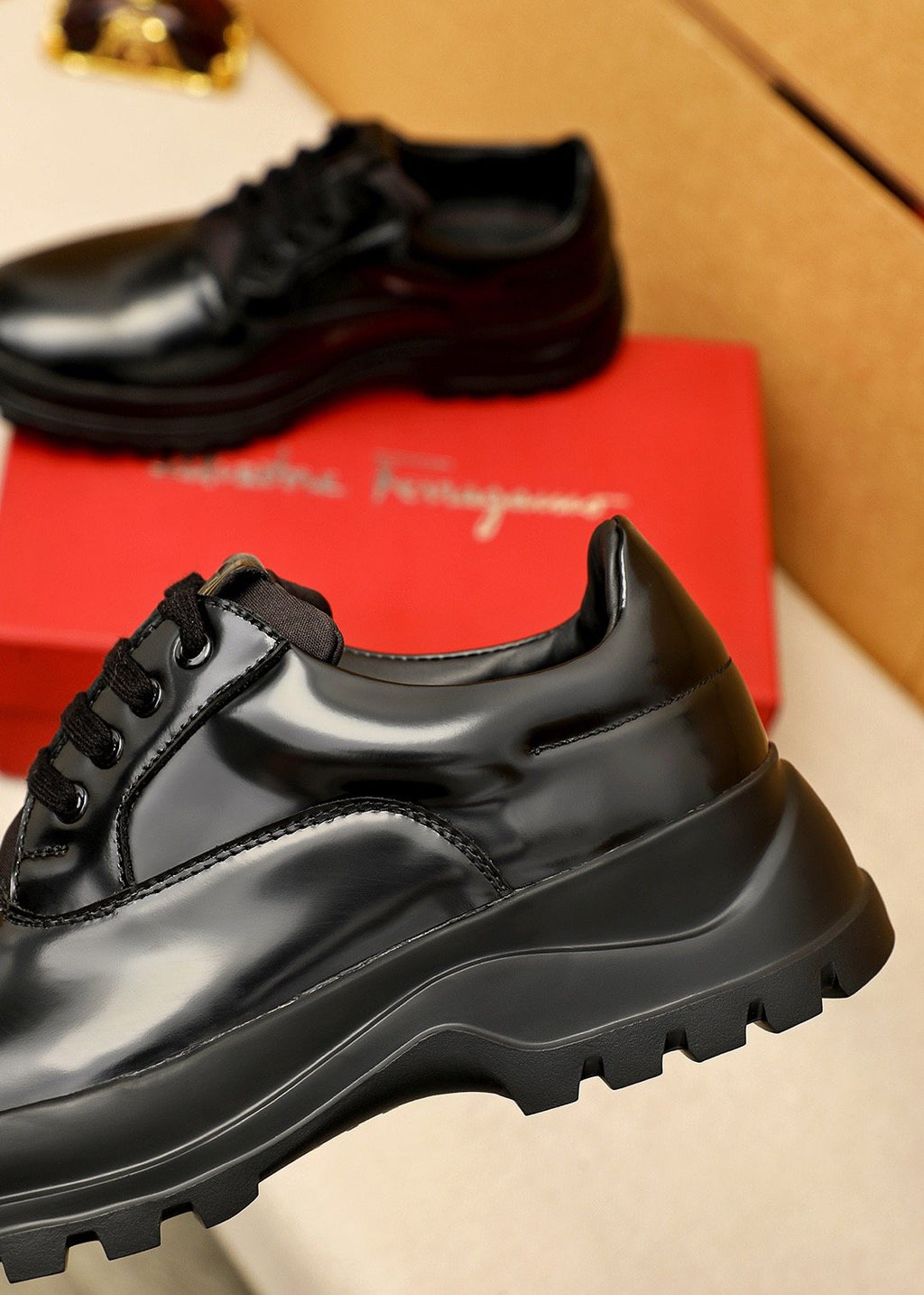 Ferragamo Black Lug-Sole Lace-Up Shoes