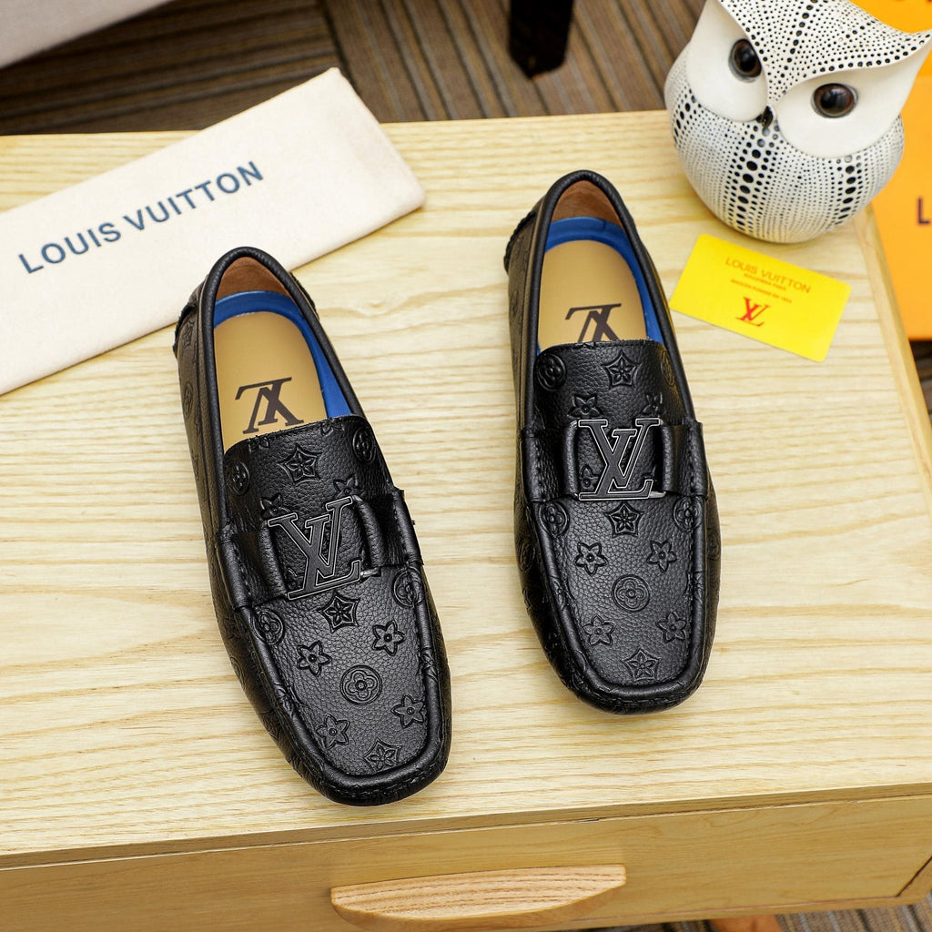 Louis Vuitton Black Embossed Driving Loafers - Raised Front Detail