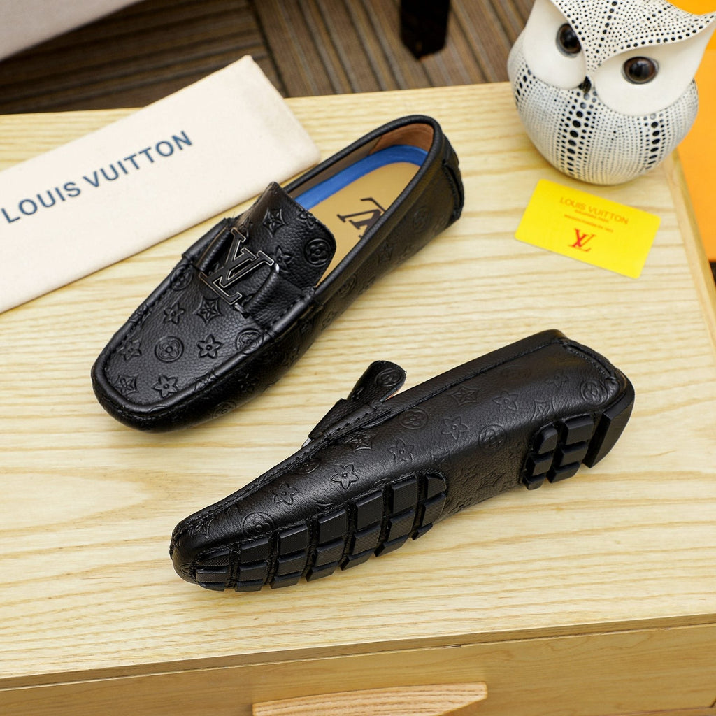 Louis Vuitton Black Embossed Driving Loafers - Raised Front Detail