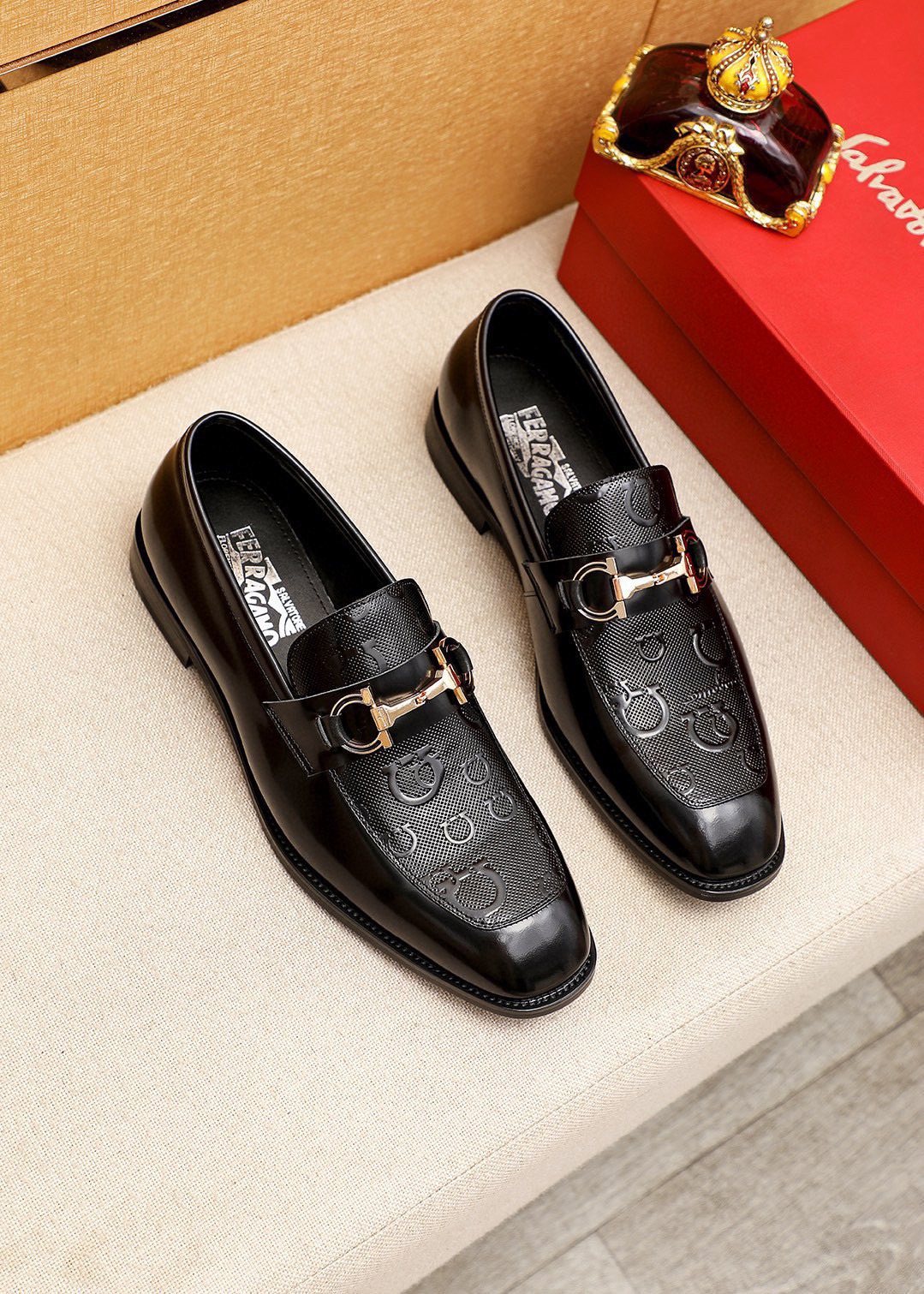 Ferragamo Black Buckle Loafers - Embossed Texture, Rubber Outsole